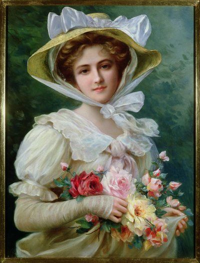 Elegant Lady with a Bouquet of Roses by Emile Vernon